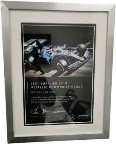 Framed Mercedes F1 metallic supplier of the year 2019 award.